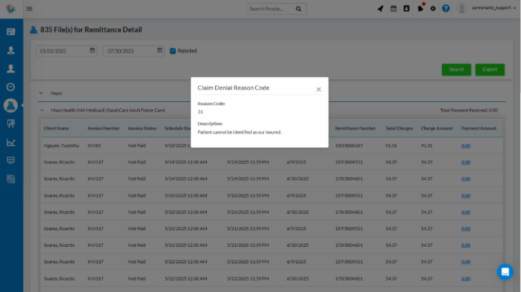 835 Remittance detail screen displaying $0.00 payment with denial codes in CareSmartz360