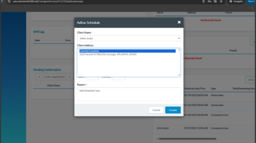 Update in Ad Hoc Scheduling to show current location option for caregivers