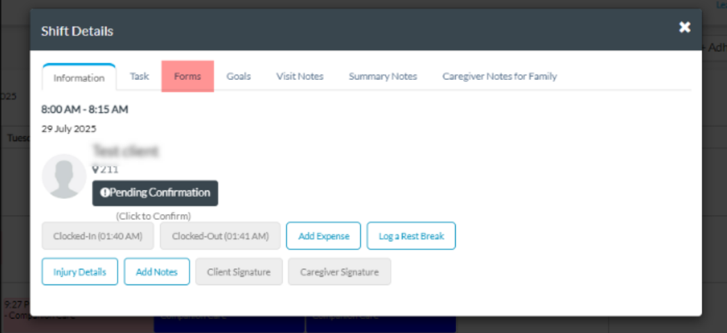 update in caregiver form filling via web portal