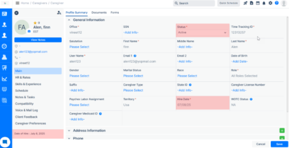Caregiver profile updated to keep original hire date