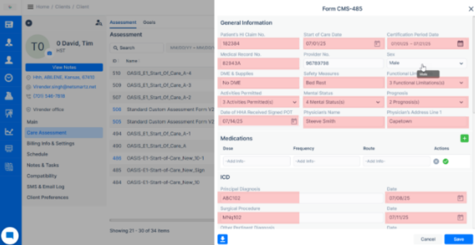 Update in CMS-485 form – Now generated with mapped data from completed OASIS assessment