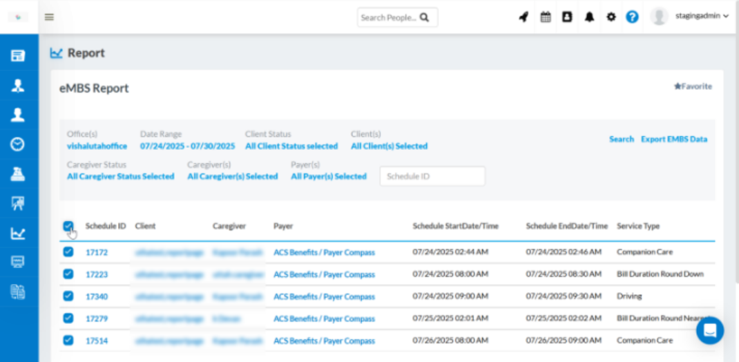 EVV/EDI update showing the new eMBS Report with visit data