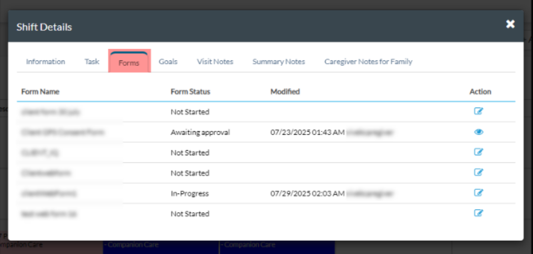 update in viewing form status in shift details - home care software web portal