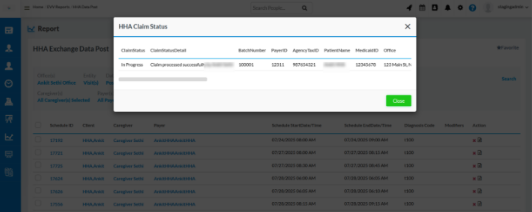 Popup displaying detailed claim status in HHA Exchange Data Post report