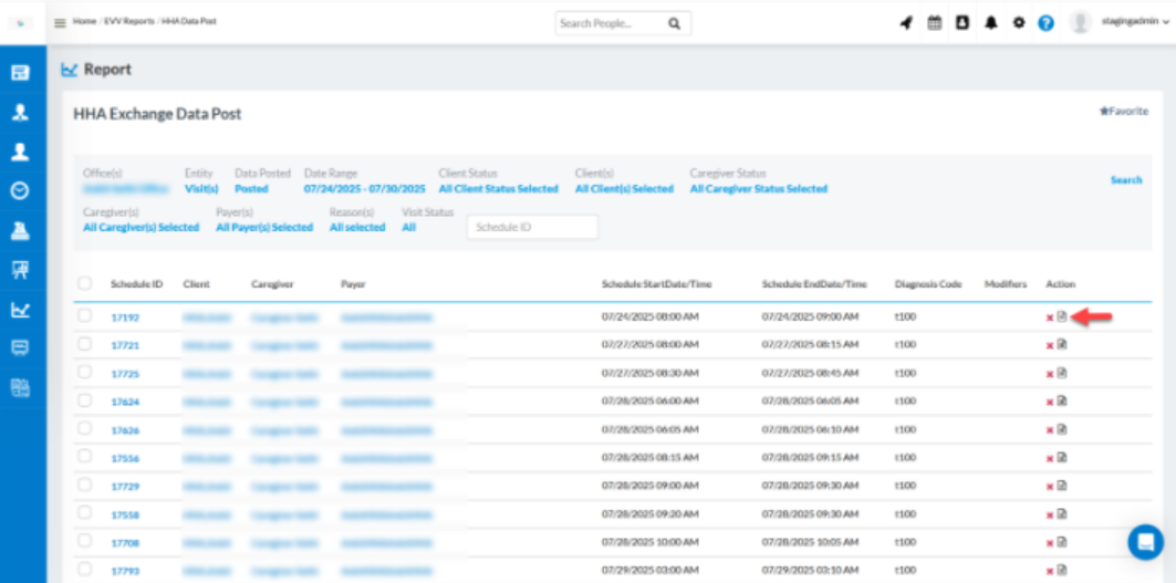HHA update showing claim status with detailed popup view - Home care software