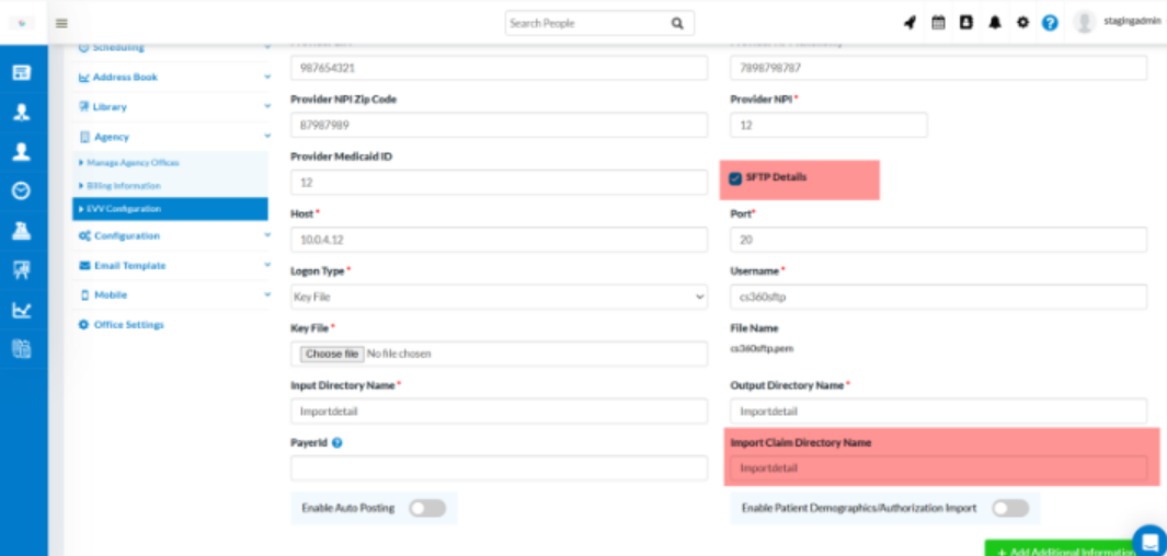 HHA EVV update showing SFTP setup for claim status