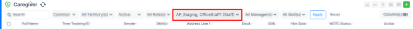 ​ Caregiver listing showing selected staff filter