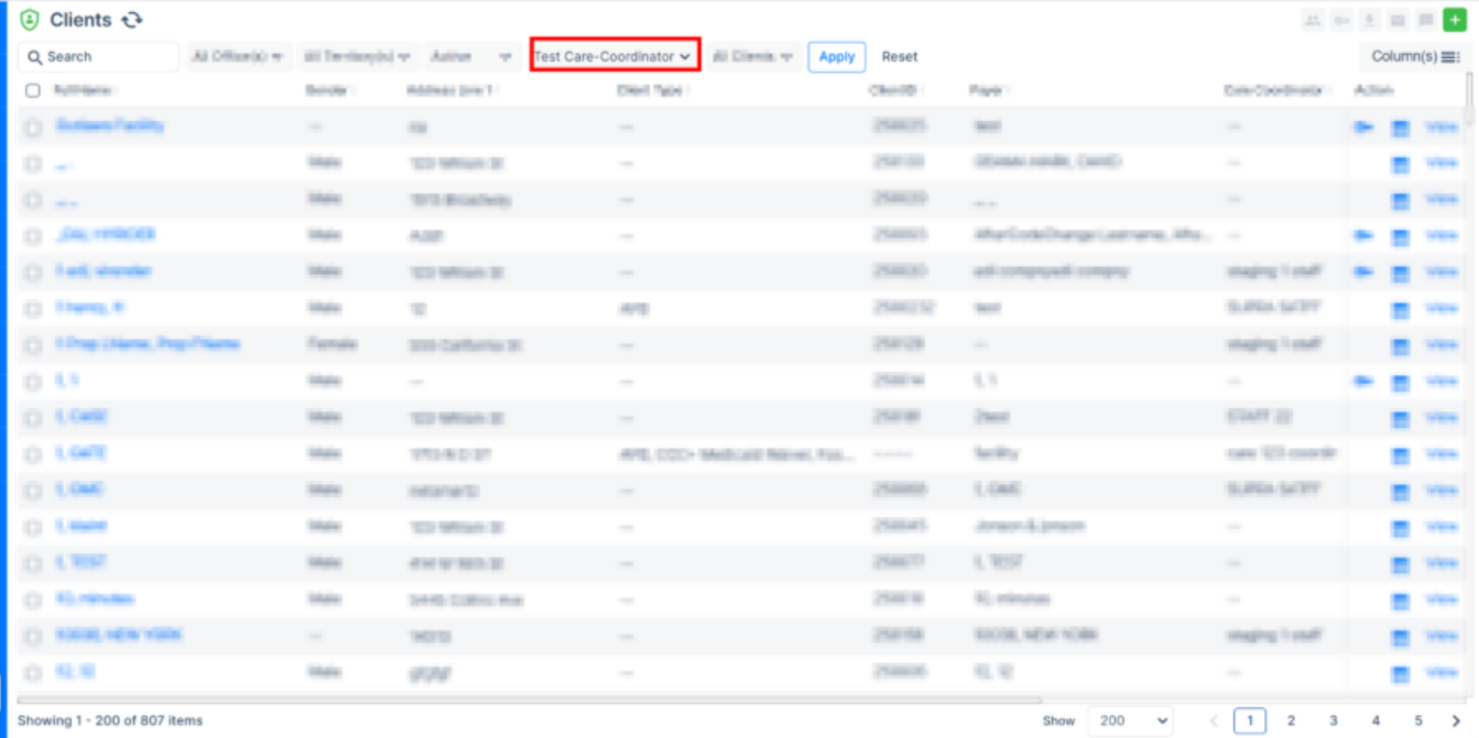 Client listing view showing new care coordinator filter option in the web portal
