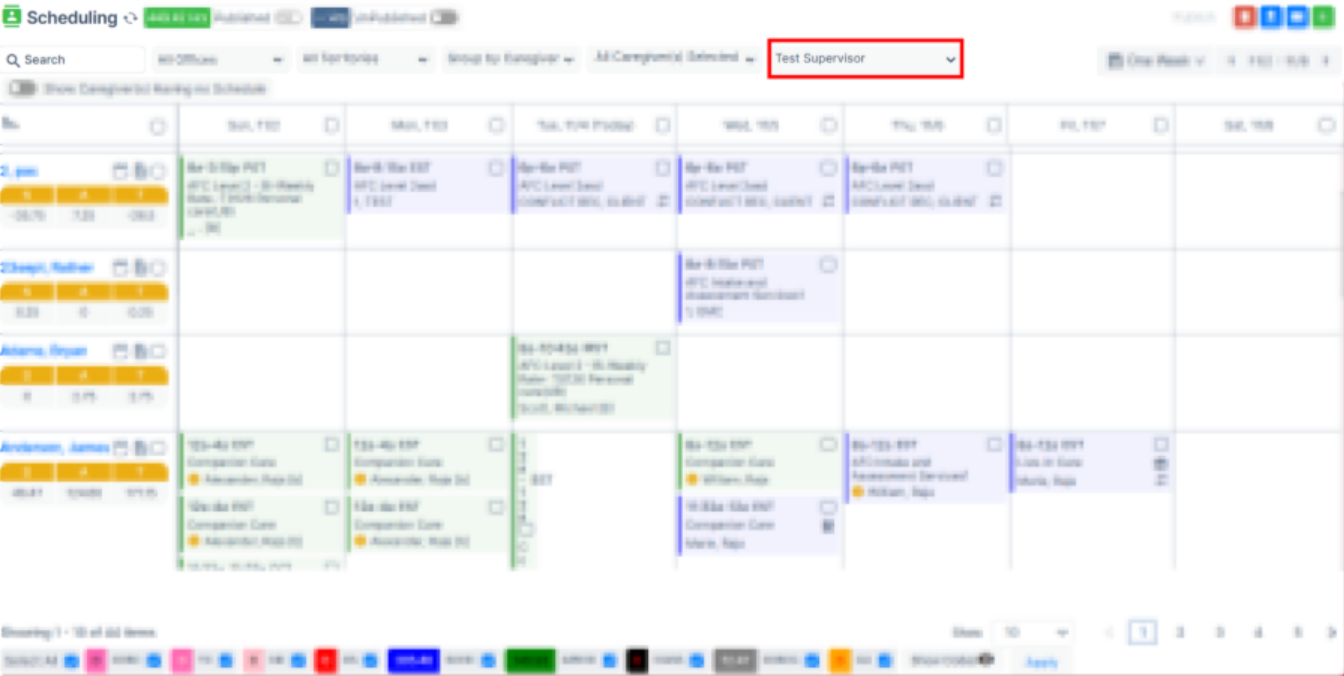 Caregiver schedule calendar showing new supervisor filter option