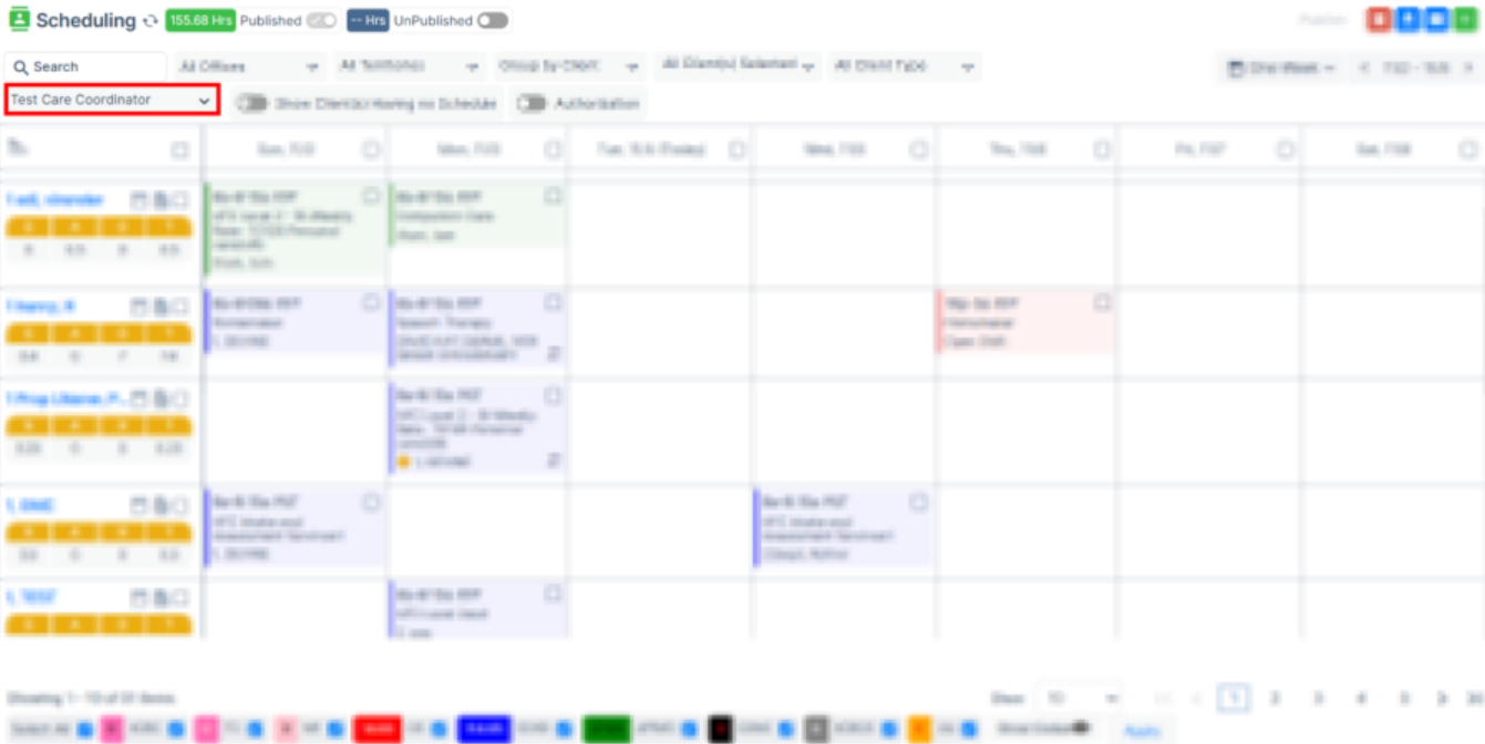 Client view in schedule calendar updated with care coordinator filter