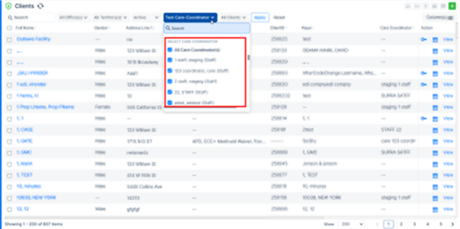 Care coordinator dropdown updated in client list