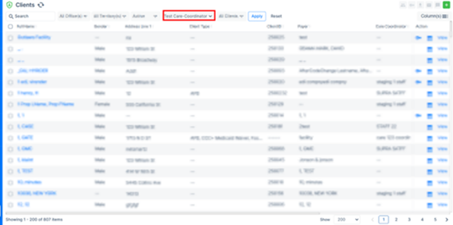 Care coordinator filter updated in client list