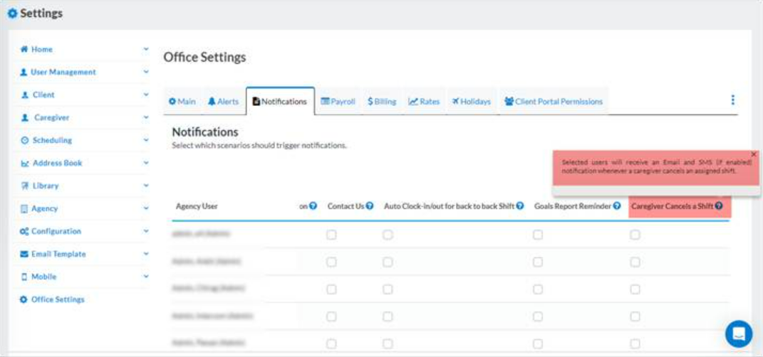 Notification setting for caregiver shift cancellation in web portal