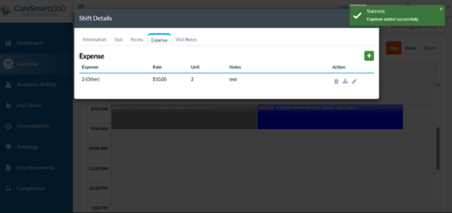 Caregiver Expense view update for caregivers in web portal