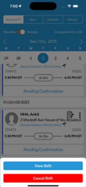 Caregiver shift cancel option in Mobile app