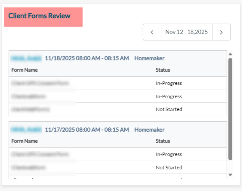 Updated list showing client forms and status
