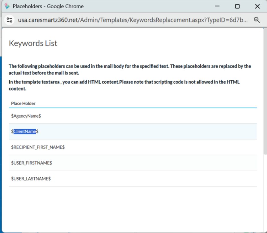Client name placeholder added to placeholder list