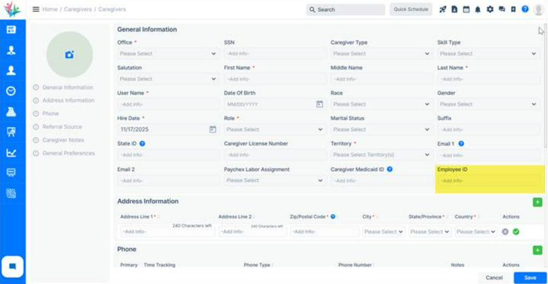 New employee ID field added in caregiver profile