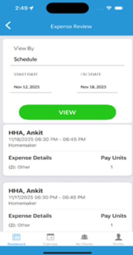Updated expense review screen showing schedule view option