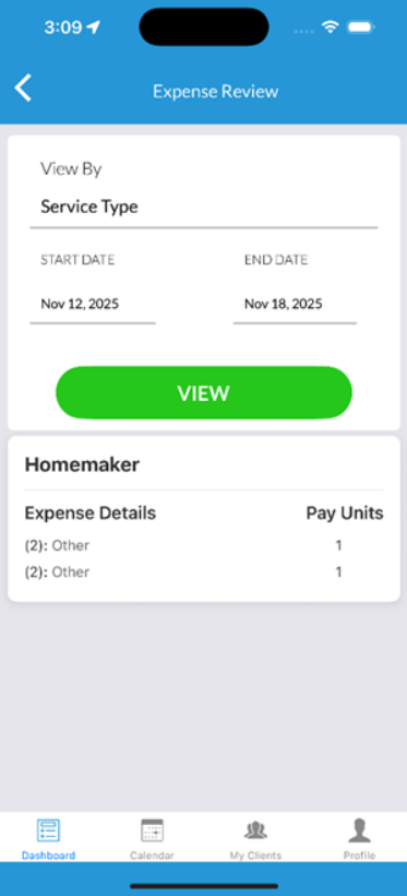 Updated expense review screen showing service type view
