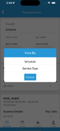 Expense review widget update in caregiver app and portal