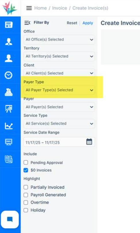 Payer type filter update in create invoice