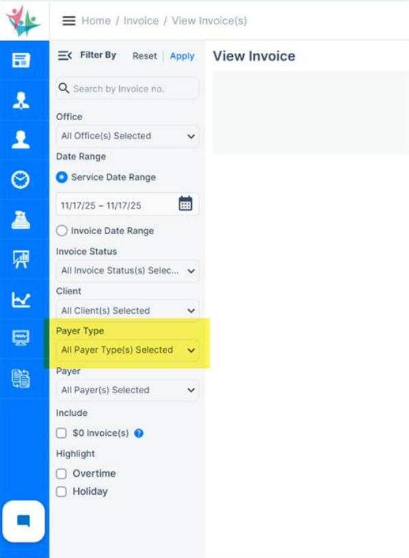 Payer type filter update in invoice screen