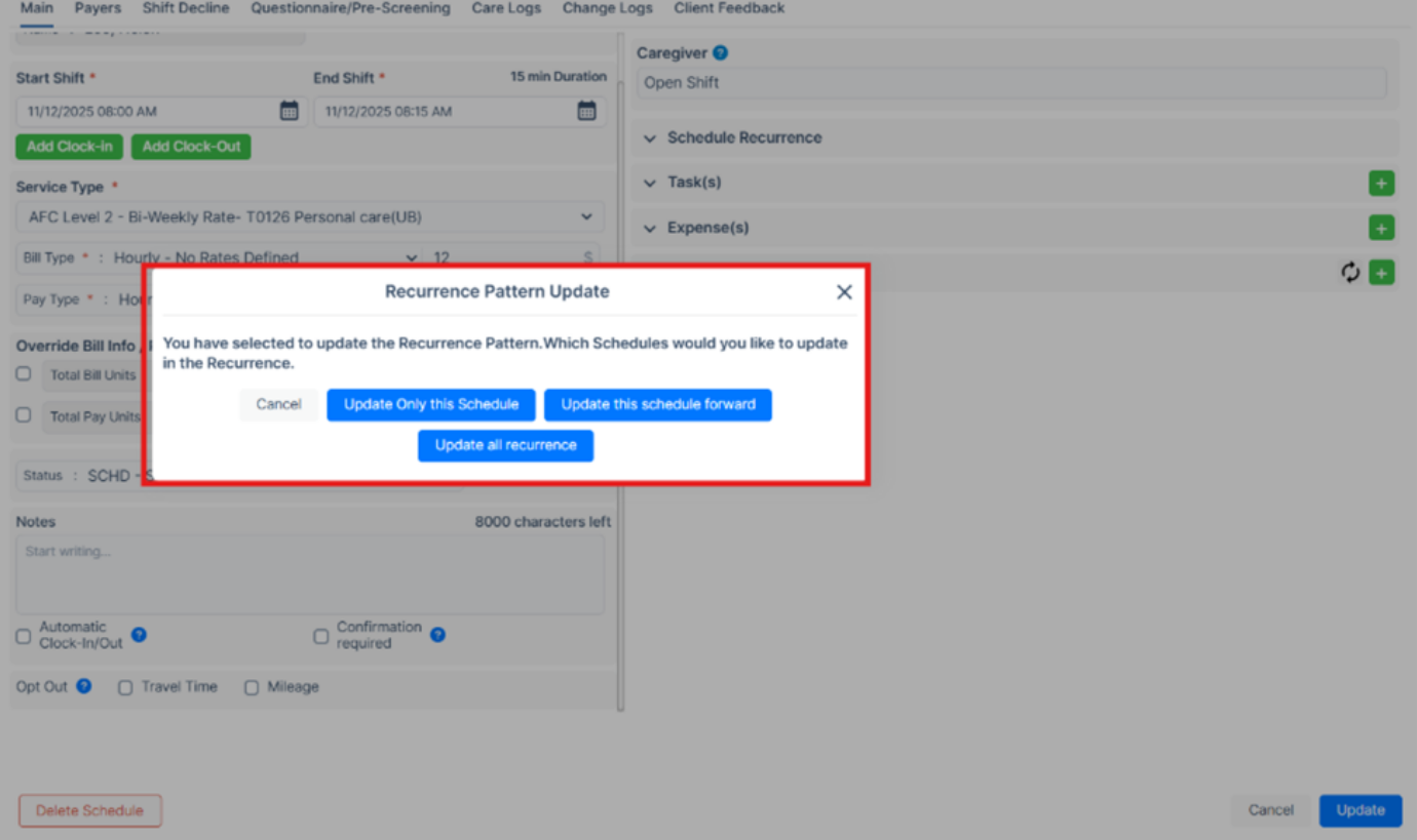 Recurrence pattern update popup shown on schedule screen