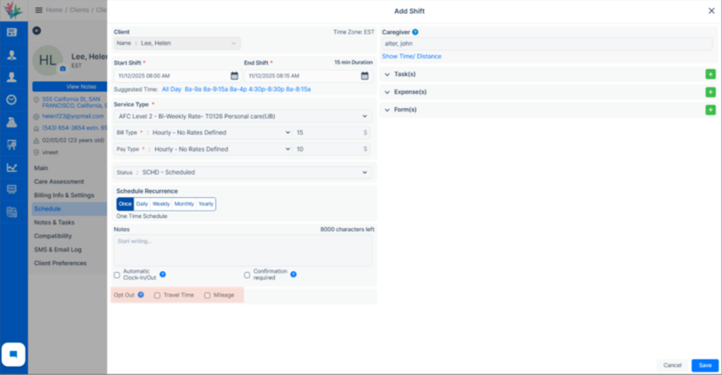 Schedule form updated with travel/mileage opt-out