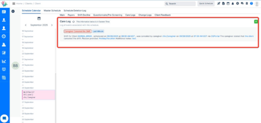 Shift cancellation log added in care log