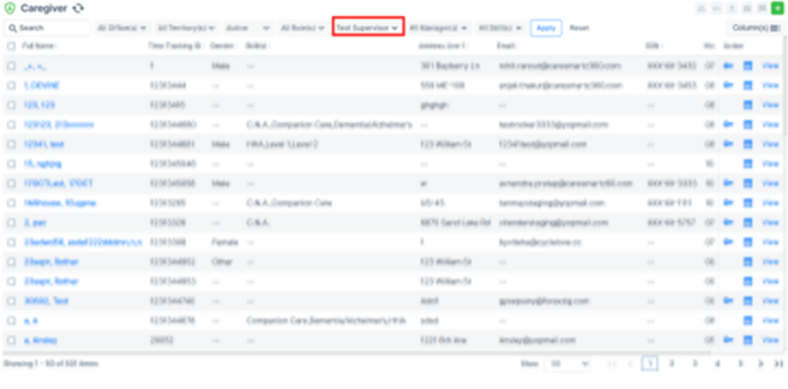 Updated caregiver list showing supervisor filter