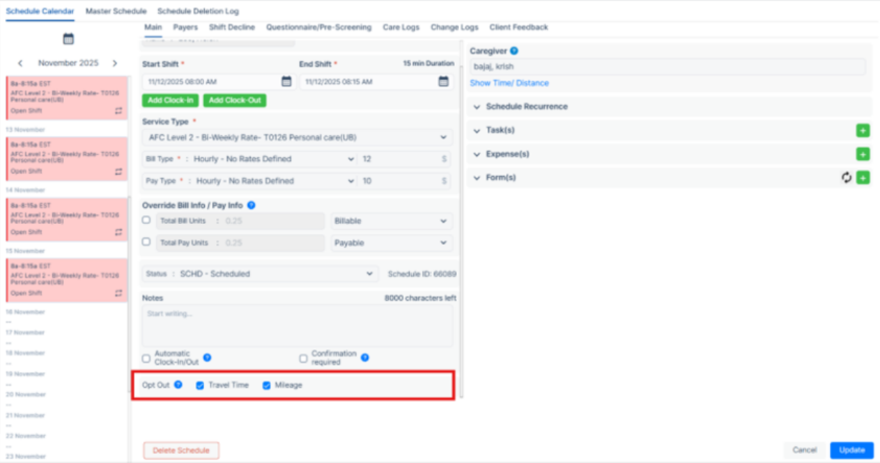 Travel and mileage opt-out added in Agency Web Portal