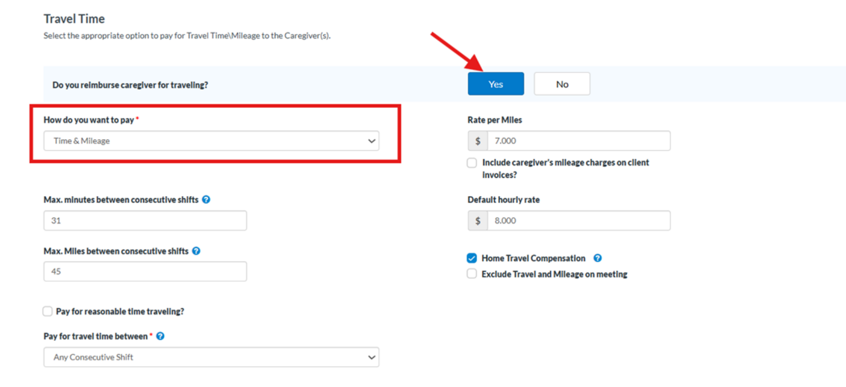 Updated travel reimbursement settings in web portal