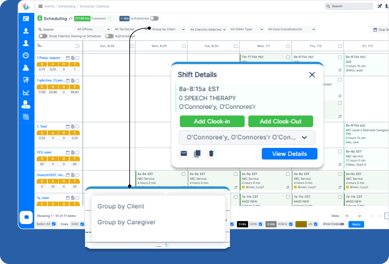 Home care scheduling software with color-coded calendar calendar